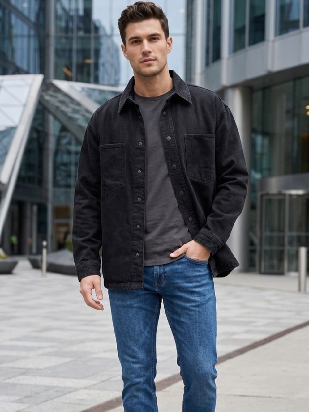 Kenneth Cole New York Black Denim Shirt Jacket